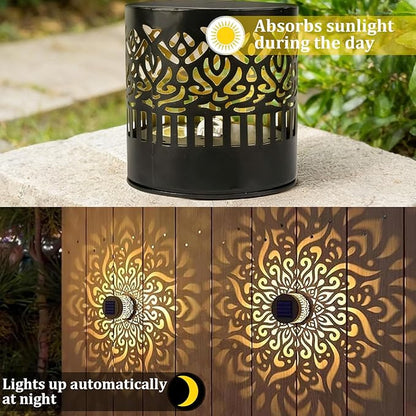 2Pcs Decorative Solar Mandala Lights, Metal Outdoor Waterproof Decorative Lights for Garden Patio Deck Steps, Solar Powered Wall Lantern for Yard Post & Front Door
