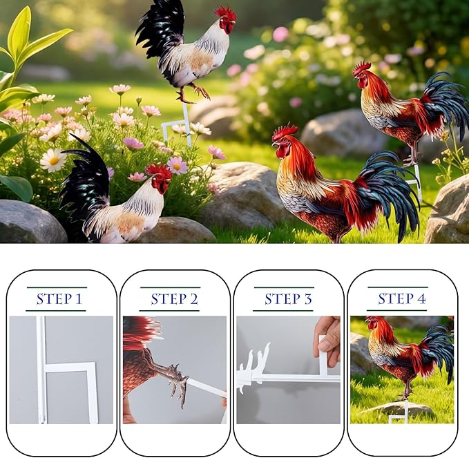 Riakrum 4 Pcs Metal Rooster Outdoor Garden Statues Decor Yard Chicken Decorations Metal Chicken Sculpture for Backyard Patio Kitchen Decor & Lawn Ornaments, 2 Size
