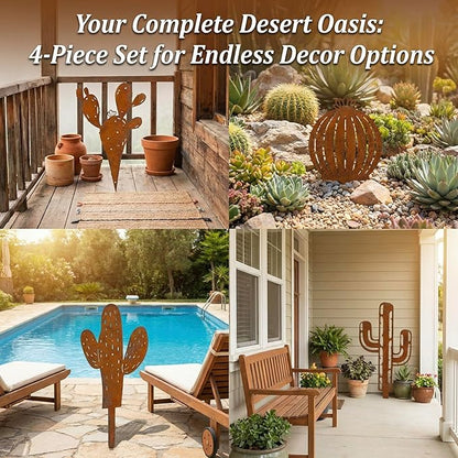 INSYOHO 4Pcs Metal Cactus Outdoor Decor, Prickly Pear Garden Sculptures & Yard Art Statues, Heavy Duty Metal Plants for Patio, Lawn, Backyard & Boho Bohemian Party Decorations
