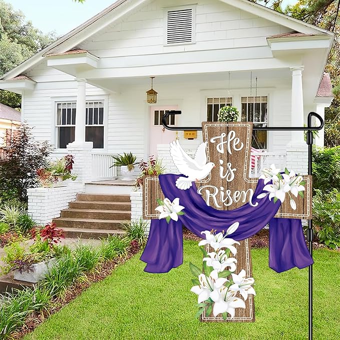 He is Risen Easter Decorations Cross Garden Banner Double-Sided Printed Flag Sheep Yard Flags Bunting Outdoor House Yard Rise Christian Jesus Lily Flowers Spring Seasonal Decoration Cross