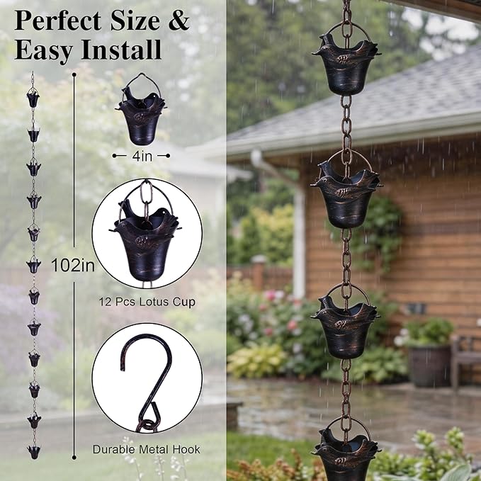 TZSSP 8FT Rain Chain with 12 Cups - Adjustable Gutter Downspout Replacement & Rainwater Catcher, Outdoor Decor with Hummingbird Design for Garden, Roof, Drainage