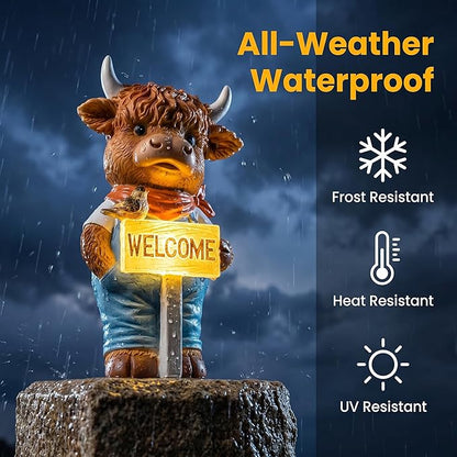 Solar-Powered Resin Highland Cow Welcome Statue with Light-Up Welcome Sign and Perched Bird, Garden Decor for Porch, Patio or Entryway