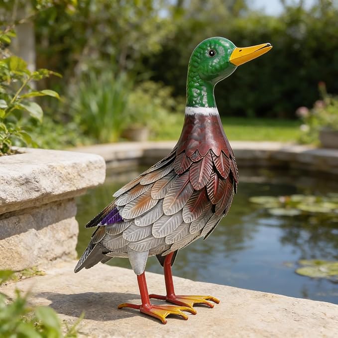 Shorayn Metal Duck Garden Statue, Life-Size Iron Mallard, Handmade Greenhead Duck Yard Decor, Indoor Outdoor Ornament, Gift for Housewarming/Mother’s Day/Christmas