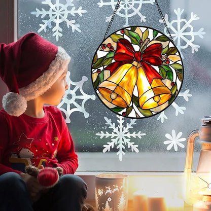 Golden Bell Stained Glass Suncather for Window Hanging, 9'' Christmas Ornament Gift for Women, Festive Wall Art Home Decoration Xmas Gift for Mom, Grandma (Golden Bell, 9'')