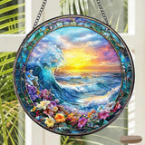 Rngmsi Stained Glass Window Hanging, 7.8″ Clouds and Sea Waves Sun Catchers with Hook Indoor Window Decor, Decorative Suncatchers Hanging Ornaments Home Garden Art Gift for Housewarming