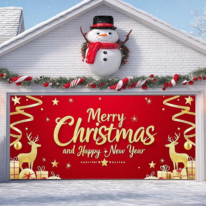 IVN Christmas Garage Door Cover Decoration 13x6ft Santa Glitter Gold Gift Reindeer on Red Holiday Christmas Garage Door Banner Home Garage Door Front Yard Decor for Xmas Eve Holiday Outdoor