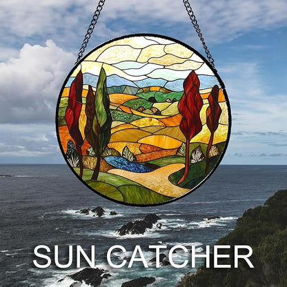 Stained Glass Window Hanging Fall Farm Mountain Landscape 7.8" - Orange Suncatcher Door Garden Sun Catcher Home Decor Birthday Christmas for Mom Men Woman Nana