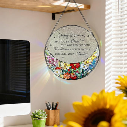 8” Stained Glass Suncatcher Ornament – Floral Retirement Window Hanging Decorations, Retirement Gifts & Retired Gifts for Women, Men, Friends, Coworkers, Teachers - Style H