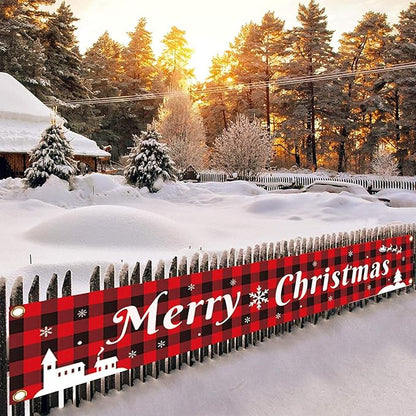 Probsin Large Merry Christmas Banner 120" x 20" Double Printed Xmas Decoration Red Buffalo Plaid Hanging Huge Sign Holiday Party Supplies Home Decor for Outdoor,Indoor,Yard,Garden,Porch,Lawn