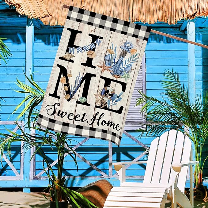 ORTIGIA Beach House Flag 28 x 40 Inch Double Sided Burlap Home Sweet Home Blue Anchor Starfish Seashell Coastal Ocean Yard Flag Summer Holiday Seasonal Outdoor Outside Decoration(Large)
