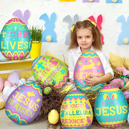 Jetec 12 Pcs 12 Inch Religious Easter Egg Inflatable Decorations Hanging Inflatable Easter Egg Outdoor Decorations Large Christian Eggs Spring Jesus is Risen Yard Decor for Church Lawn Garden