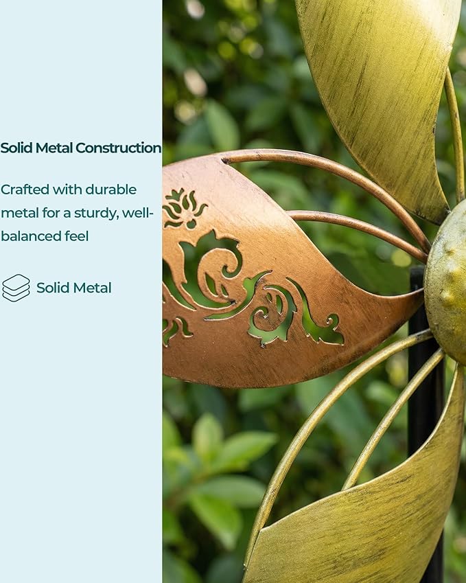 2 Pack 37" Metal Wind Spinners for Yard & Garden, 10" Kinetic Outdoor Garden Spinners, Rust-Resistant Decorative Yard Art (Gold Ornate Laser-Cut Floral)