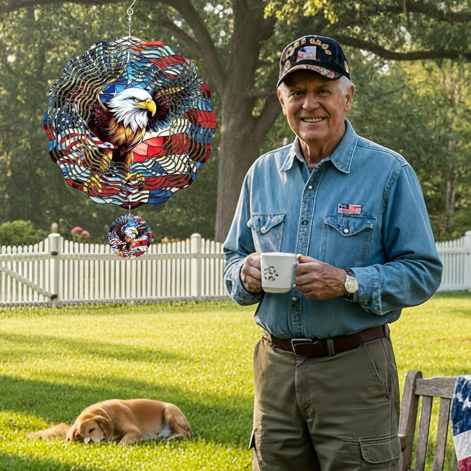 American Eagle Wind Spinner - 3D Stainless Steel Wind Spinners Outdoor Flag Pattern Ornaments Kinetic Spinning Art Hanging 250 Anniversary Patriotic Decor for Patio Lawn Garden Yard Balcony