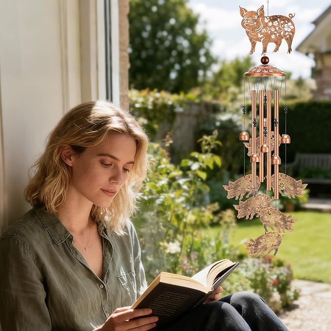 Pig Decor Wind Chimes - Metal Animal Windchimes with Card Outside Indoor Decoration for Garden Yard Patio Balcony Thanksgiving Christmas Birthday Gifts for Pigs Lovers Women Mother Grandma