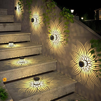 Hapjoy Solar Fence Lights 4 Pack Solar Deck Lamps Outdoor Decorations Powered Step Lights Wall Waterproof LED Warm Decorative Lighting for Garden (Flower, 4)
