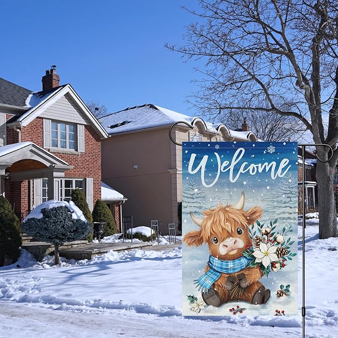 Heyfibro Welcome Winter Highland Cow Garden Flag 12x18 Inch Double Sided Burlap, Christmas Flower Pine Snowflake Snow Yard Flags for Seasonal Xmas Outside Outdoor Decoration (ONLY FLAG)
