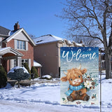 Heyfibro Welcome Winter Highland Cow Garden Flag 12x18 Inch Double Sided Burlap, Christmas Flower Pine Snowflake Snow Yard Flags for Seasonal Xmas Outside Outdoor Decoration (ONLY FLAG)