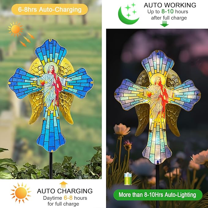 Solar Jesus Cross for Gemetery Graver,Golden Angel Wings,Grave Decorations for Cemetery,Sympathy Memorial Gifts,Christmas Yard Decor Outdoor