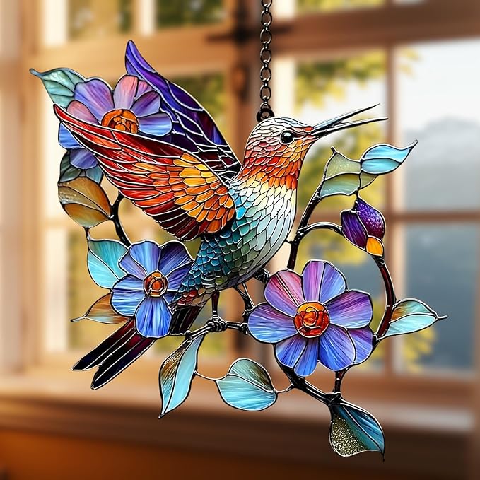Colorful Hummingbird Acrylic Suncatcher, Hummingbird Window Hanging Ornaments, Stained Glass Effect Garden Decor, Gift for Mother's Day, Mom, Grandma, Wife, Women