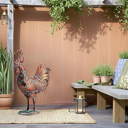 Metal Rooster Yard Decor 15.7" L x 18.8" H Large Outdoor Chicken Sculpture Yard Art Antique Copper Garden Statues for Backyard Patio Lawn Home Farmhouse Kitchen Decorations