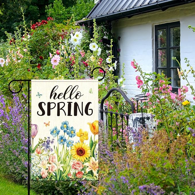 Hello Spring Garden Flag for Outside,Spring Flowers Garden Flag,Seasonal Floral Yard Lawn Porch Flags for Outdoor Decorations 12x18 Inch Double Sided