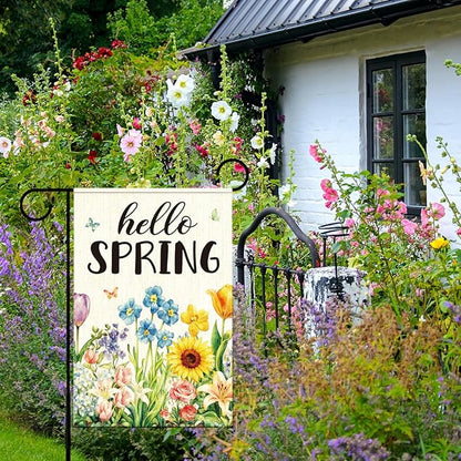 Hello Spring Garden Flag for Outside,Spring Flowers Garden Flag,Seasonal Floral Yard Lawn Porch Flags for Outdoor Decorations 12x18 Inch Double Sided