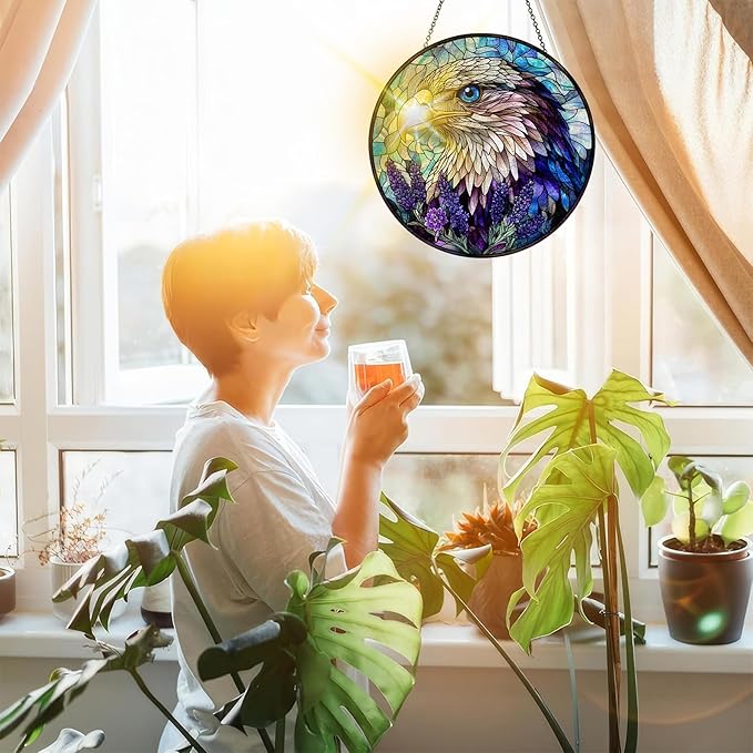 Bimkole Eagle Stained Glass Suncatcher Window Hanging - Animal Indoor Window or Doorway Decoration - Handmade Sun Catcher Decor for Garden Home Christmas & Birthday Gifts 7.87x7.87 inch