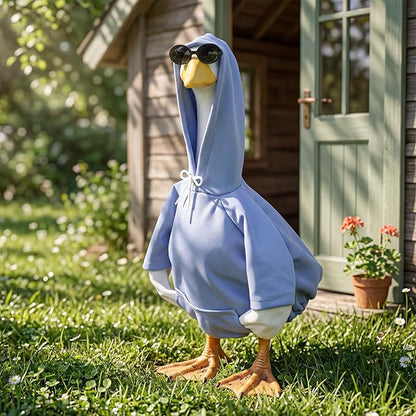 Blue Hoodie Goose Outfit Hooded Sweatshirt Porch Goose Clothes Dress with Wide Hat Sunglass Blue Sweatshirt Geese Costume for 17-23 Inch Geese Statue Luau Outdoor Patio Lawn Yard Garden Decor