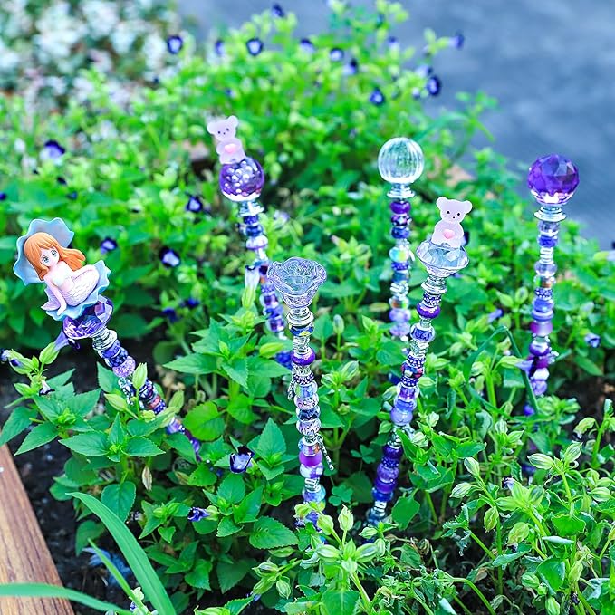 AIPRIDY 158 Pcs DIY Fairy Wand Garden Stakes Kit,Multiple Color Scheme European Beads Crystal Diamond Tops and 12 or 10 Inch Threaded Rods,Stainless Steel Stakes with Diamond Toppe(Purple)