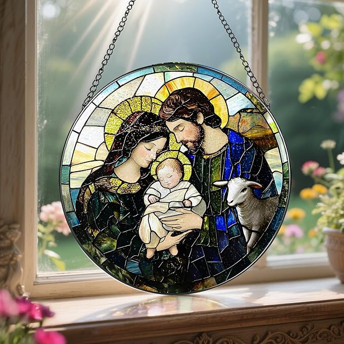 8-Inch Nativity Scene Stained Glass Suncatcher Ornament, Christian Stained Glass Window Hanging, Religious Ornament, Christmas Hanging Decor — Gifts for Christmas, Christian Gift, Religious Gift