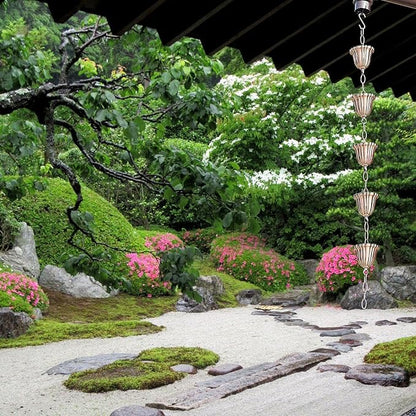 Copper Rain Chain 39in Japanese Movable Hanging Rain Chains with 5 Cups Building Protection Rustproof Decorative Outdoor Garden Catcher, Décor de pelouse