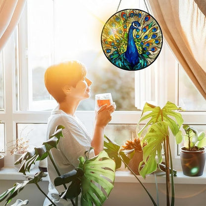 Bimkole Peacock Stained Glass Suncatcher Window Hanging - Animal Indoor Window or Doorway Decoration - Handmade Sun Catcher Decor for Garden Home Christmas & Birthday Gifts 7.87x7.87 inch