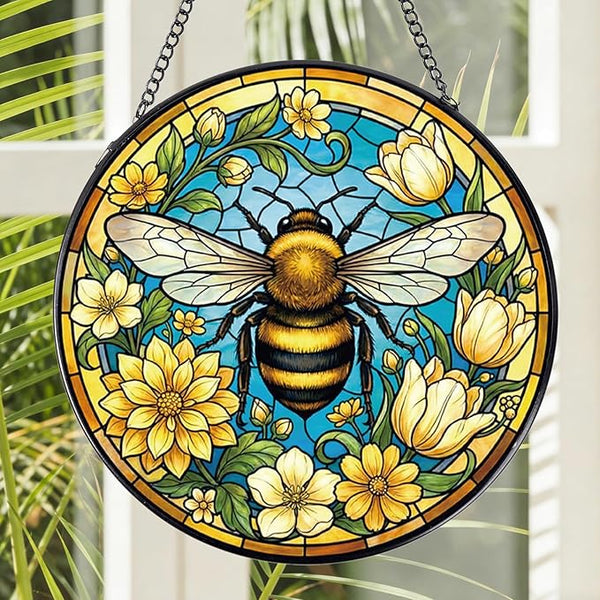 Rngmsi Bee Stained Glass Window Hanging, 7.8″ Flower Sun Catchers with Hook Indoor Window Decor, Decorative Suncatchers Hanging Ornaments Home Garden Art Gift for Housewarming