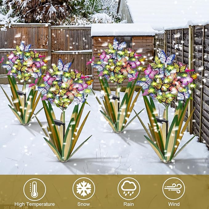 Homight Solar Metal Agave Butterfly Flower Stick Garden Sculpture Outdoor Gift Solar Garden Christmas Lights Swaying Butterfly Sunflower Garden Lights Solar Outdoor Statues (3 PCS Light Green)