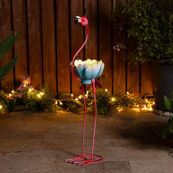 Glitzhome Solar Flamingo Garden Statue, 26.25 Inch Metal Outdoor Solar Light with Colorful Sculpture and Blue Bowl, Weather-Resistant Solar-Powered Decor for Yard, Patio, Lawn