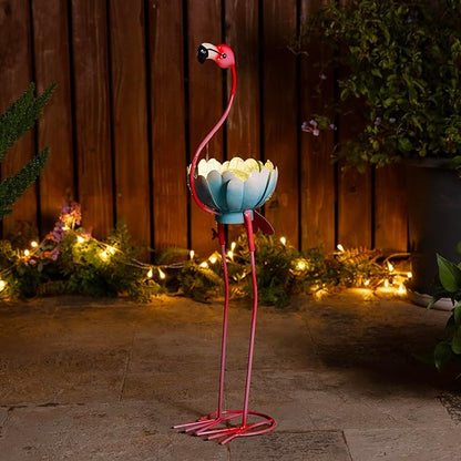 Glitzhome Solar Flamingo Garden Statue, 26.25 Inch Metal Outdoor Solar Light with Colorful Sculpture and Blue Bowl, Weather-Resistant Solar-Powered Decor for Yard, Patio, Lawn
