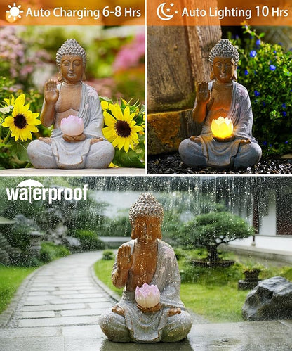 Nacome Solar Buddha Garden Statues with Lotus Flower: Resin Zen Decor Waterproof Sculpture Outdoor Light Design for Outside Patio Lawn Yard Balcony - 10.6 inches(White)