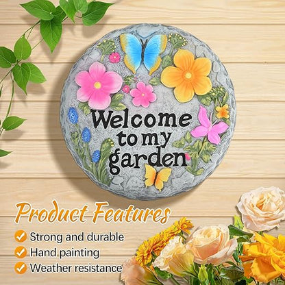 Welcome to My Garden Stepping Stone Outdoor, Butterfly Flower Stone Statue for Garden, Funny Stepping Stone for Yard, Balcony, Patio, Lawn Decorative, Spring in Garden Collection (Butterflies)