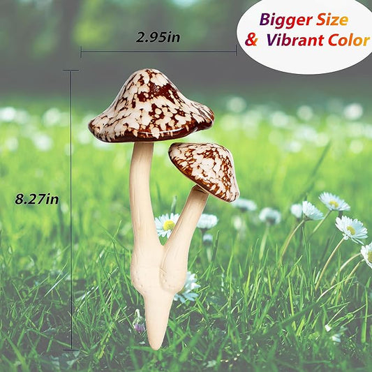 Ceramic Mushroom Outdoor Decor-2pcs Mushroom Statue Decor for Garden, Lawn, Fairy Garden Stakes 8.27'' in Height