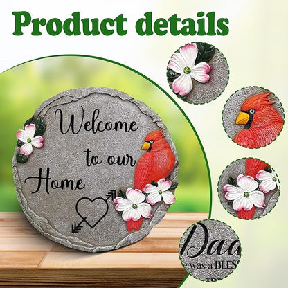 Welcome to Our Home-Resin Stepping Stone,Outdoor Garden Pathway Decoration,Round Red Hummingbird Decorative Stone for Garden,Walkway Sculpture Yard Art for Patio,Home Decor