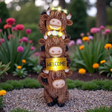 12 Inch Highland Cow Statue Solar Outdoor Decor for Yard Patio Front Door, Farmhouse Porch Decoration Animal Cattle with Led Welcome Sign Flowers Light, Home Ornaments for Outside, Mom's Gifts