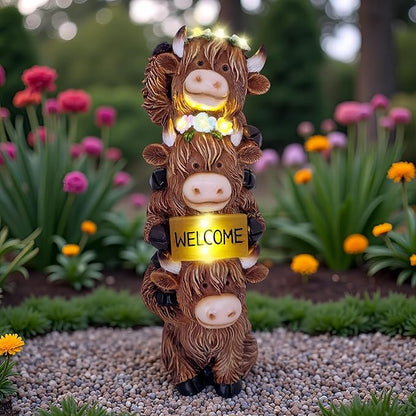 12 Inch Highland Cow Statue Solar Outdoor Decor for Yard Patio Front Door, Farmhouse Porch Decoration Animal Cattle with Led Welcome Sign Flowers Light, Home Ornaments for Outside, Mom's Gifts