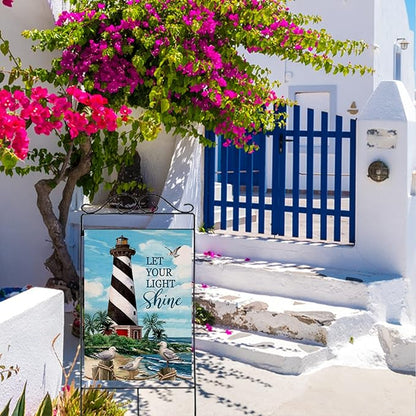 Dyrenson Let Your Light Shine Summer Lighthouse Beach Coastal Decorative House Flag, Ocean Beach Garden Yard Outside Decorations Outdoor Large Decor 28x40