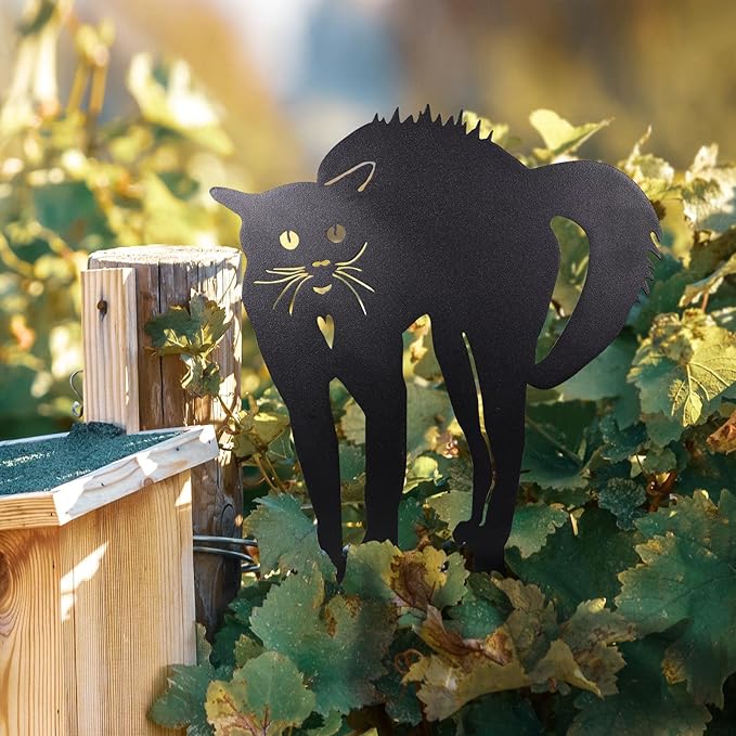 2 PCS Cat Silhouette Yard Art Garden Decorative Stake Hollow Out Animals Silhouette Statue Decor, Black Cat Statue Sets for Pathway, Floor, Garden, Lawn, Outdoor Decoration