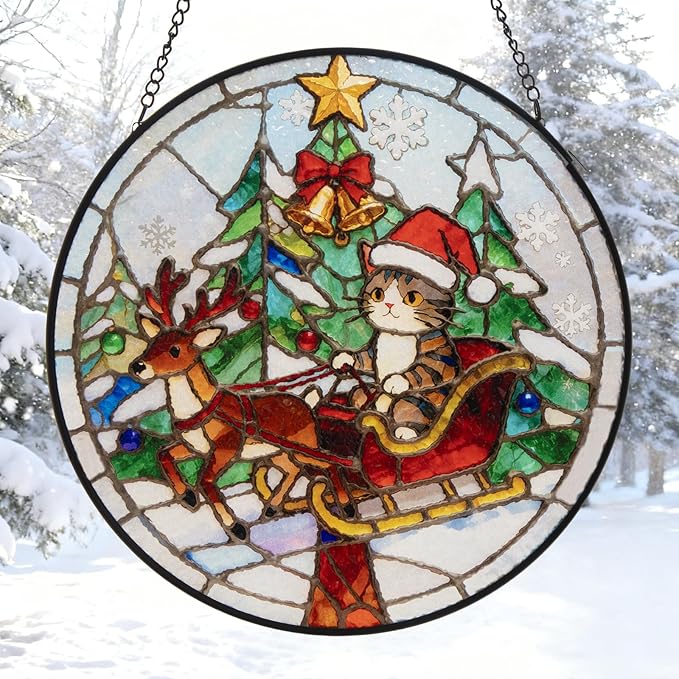 Double Sided Stained Glass Window Hanging, 7.9" Sun Catcher Panel, Green Plant Wall Art for Home & Garden, Unique Gift for Women & Men (Cute Cat Sleigh, 7.9 Inch)