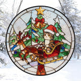 Double Sided Stained Glass Window Hanging, 7.9" Sun Catcher Panel, Green Plant Wall Art for Home & Garden, Unique Gift for Women & Men (Cute Cat Sleigh, 7.9 Inch)