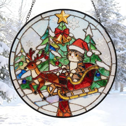 Double Sided Stained Glass Window Hanging, 7.9" Sun Catcher Panel, Green Plant Wall Art for Home & Garden, Unique Gift for Women & Men (Cute Cat Sleigh, 7.9 Inch)