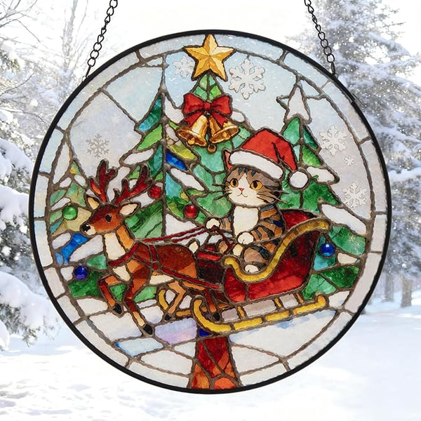 Double Sided Stained Glass Window Hanging, 7.9" Sun Catcher Panel, Green Plant Wall Art for Home & Garden, Unique Gift for Women & Men (Cute Cat Sleigh, 7.9 Inch)
