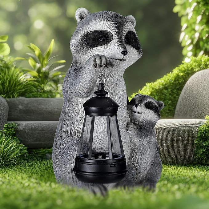 Pinkunn 9.5 Inch Solar Raccoon Family Garden Statues with LED Lights Home Decorations Outdoor Garden Raccoon Statue for Patio Balcony Yard Lawn Ornament Housewarming Birthday Gifts for Women