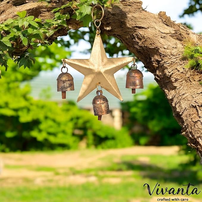 Wind Chime for Outside with 3 Rustic Cow Bells – Gold Metal Hanging Jingle Bell Chime for Yard, Garden, Wall, Outdoor Indoor Home Decor, Christmas Ornament, Boho Farmhouse Decor (Star 7x5)